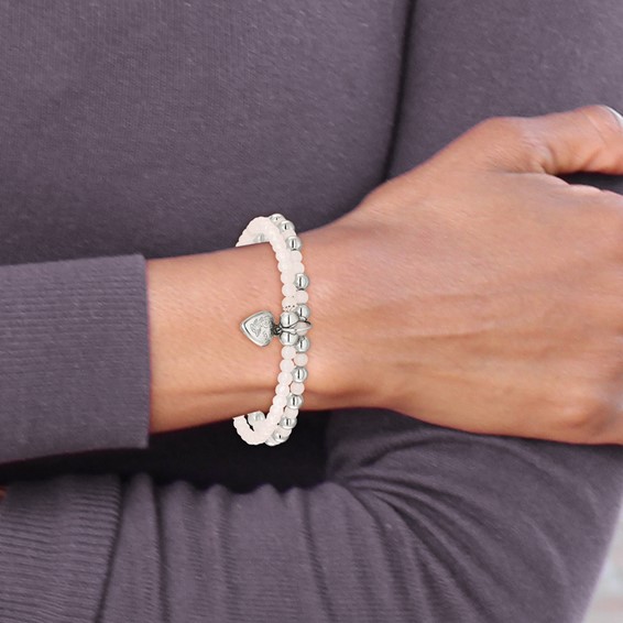 Chisel Stainless Steel Polished Puffed Heart 4-6mm Pink Quartz Two Strand 7.75 inch Stretch Bracelet